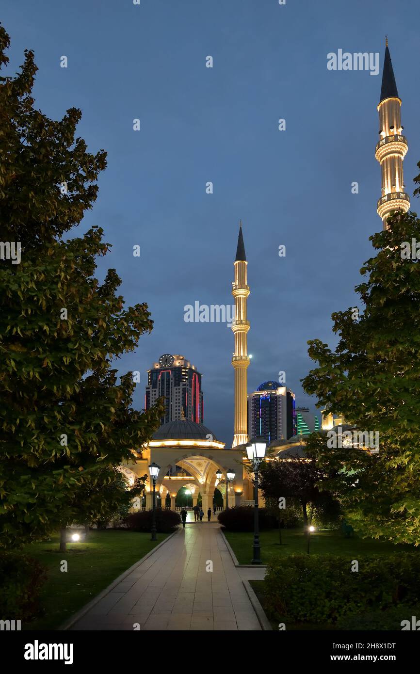 Grozny, Chechnya, Russia - September 13, 2021: Ahmad Kadyrov Mosque Heart of Chechnya shown at night Stock Photo