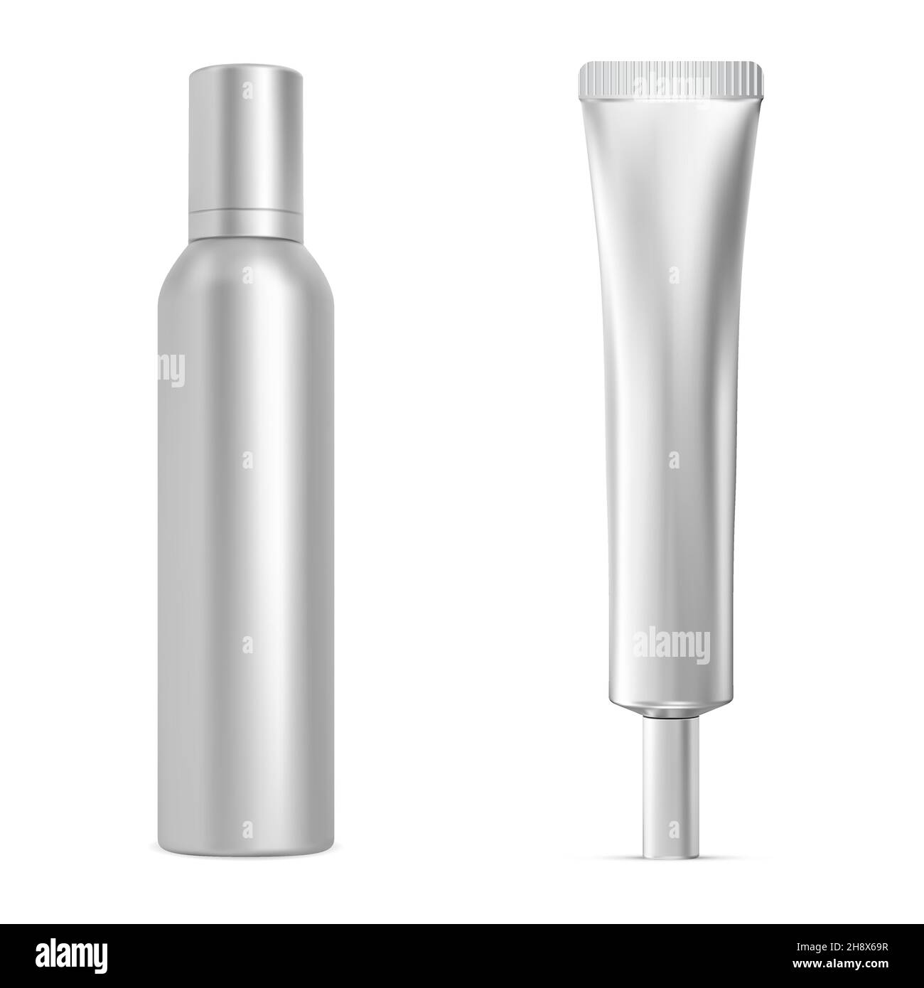 Silver spray bottle, cosmetic tube mockup. Cylinder aerosol package, aluminum metal can with cap, vector container blank. Realistic skin cream tube de Stock Vector