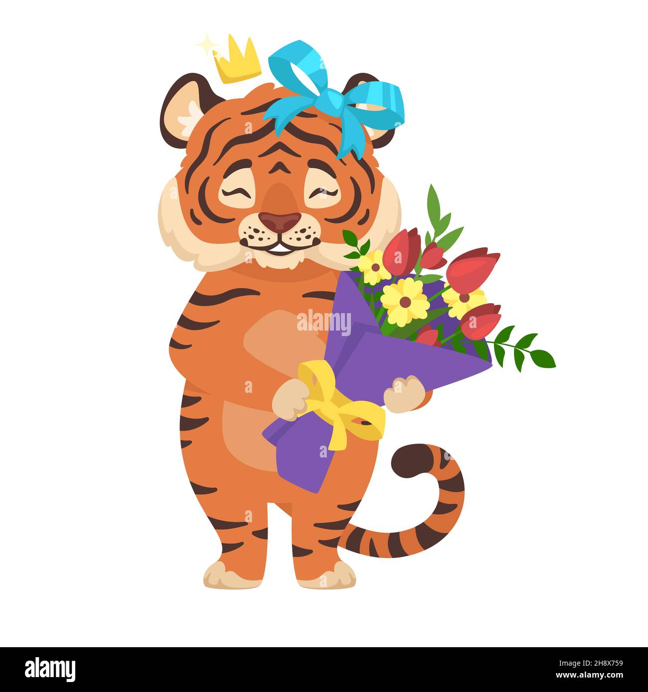 Vector Adorable funny tiger holding flowers isolated Stock Vector
