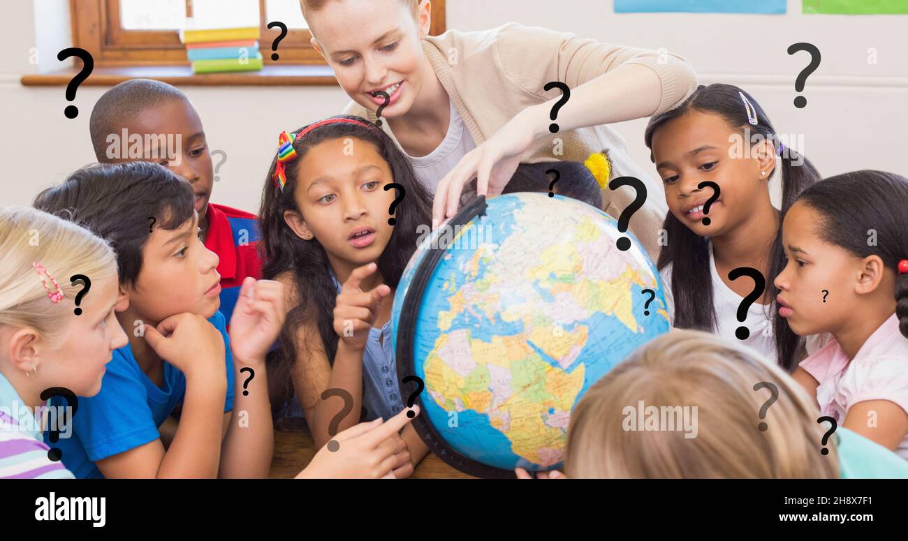 Digital composite of smiling teacher teaching students geography on globe with question marks Stock Photo