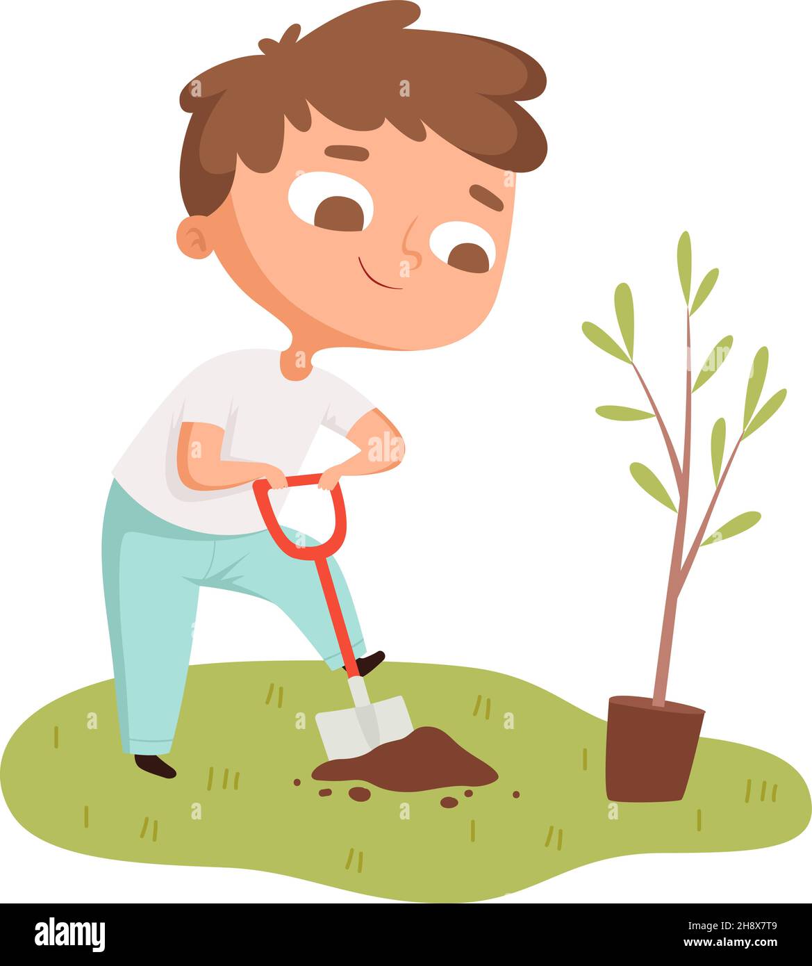 Boy planting tree. Toddler digging hole, cartoon baby plant growing and