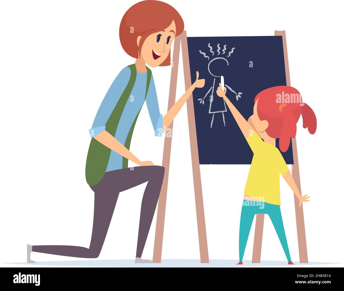 Girl drawing chalk. Little baby learning draw, teacher and kid. Isolated  cartoon woman, nanny or babysitter vector illustration Stock Vector Image &  Art - Alamy