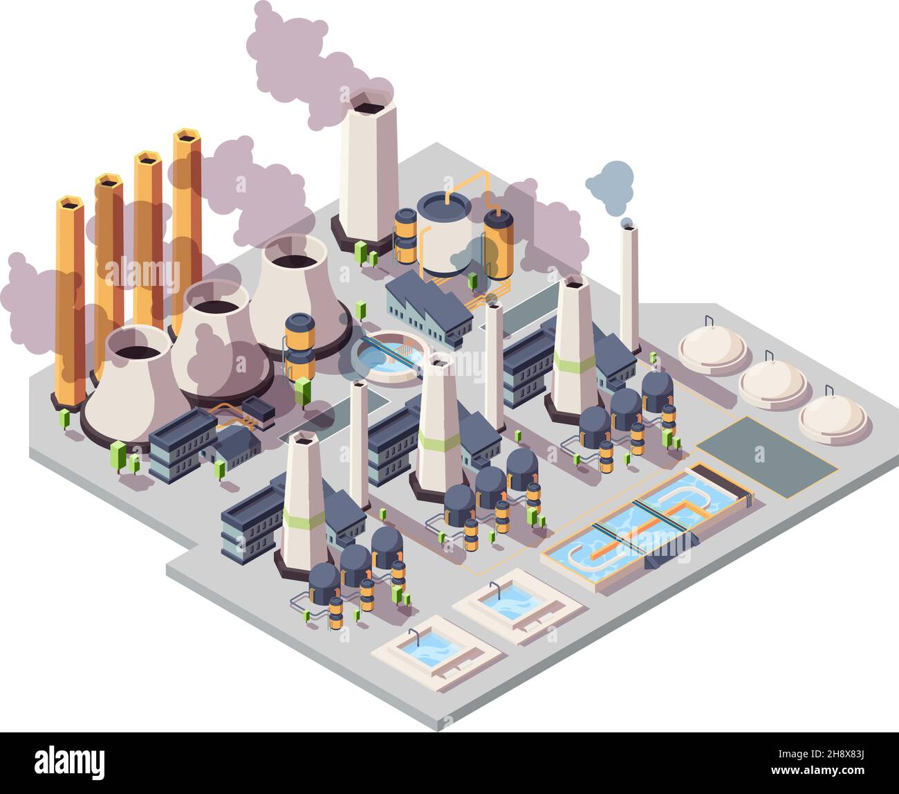 Power nuclear factory. Energy plant isometric environment 3d industrial buildings vector illustrations Stock Vector