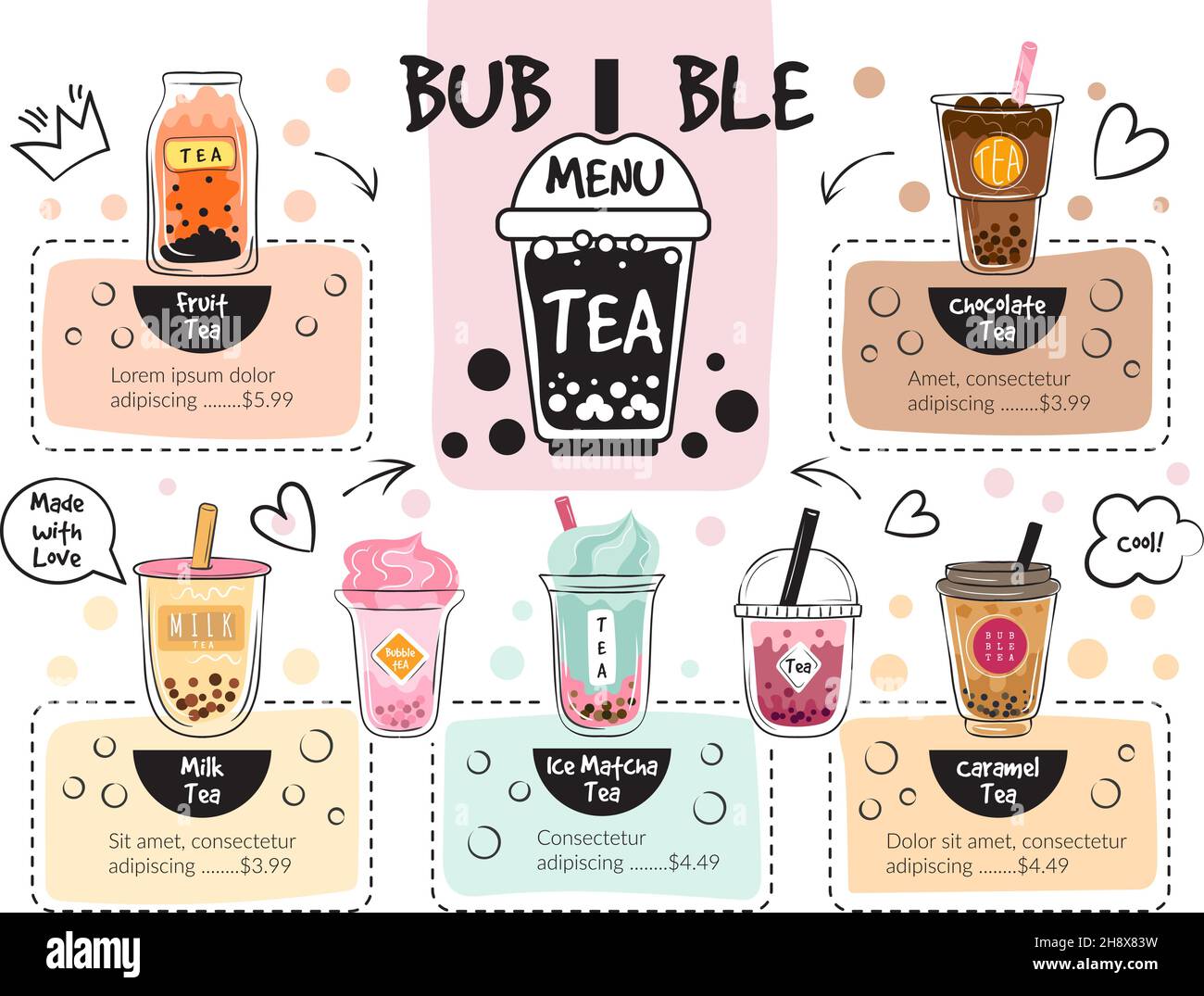 Bubble tea menu. Caffe delicious drinks recent vector restaurant menu