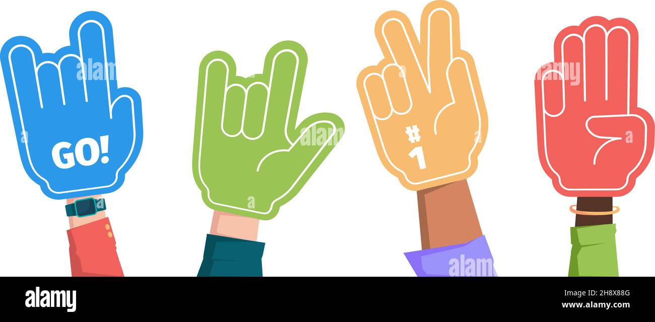 Sport fans. Crowd hands gestures gloves foam fingers supporting team garish vector flat illustrations collection Stock Vector