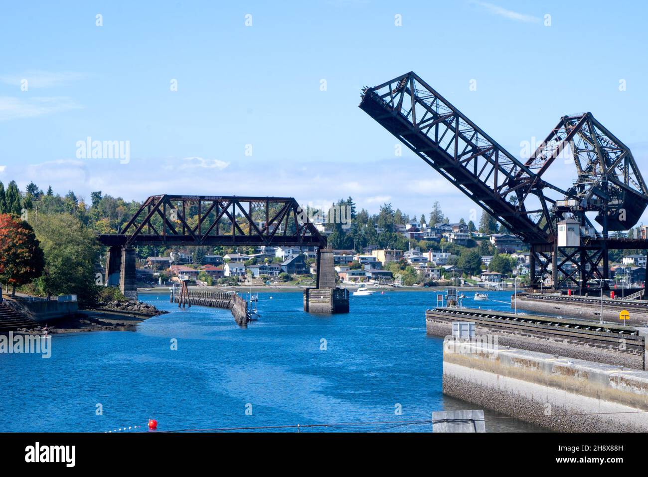 Seattle, WA - USA - Sept. 23, 2021: View of Salmon Bay Bridge, also ...