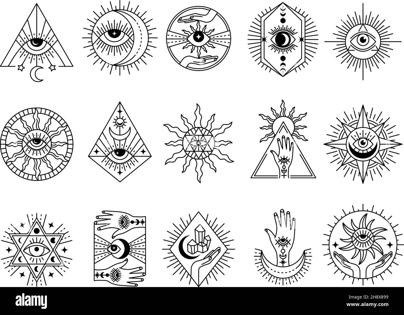 Mystical symbols. Occult emblems meditation magic esoterism and alchemy icons mystery stones tarot cards and moons recent vector stylized pictures set Stock Vector