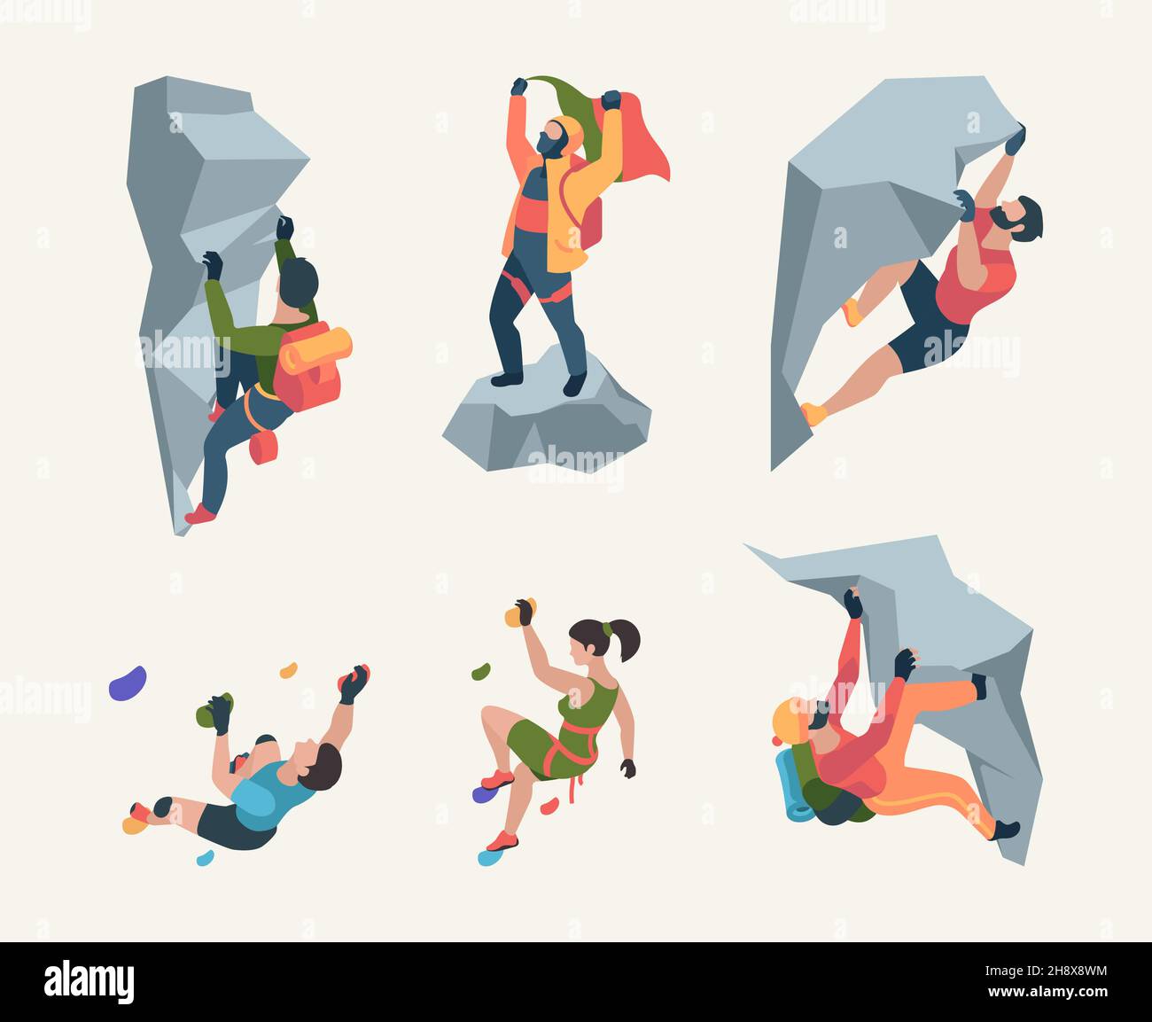 Wall climbers. Mountain rock climbers person sport team people healthy active lifestyle activities garish vector isometric collection Stock Vector