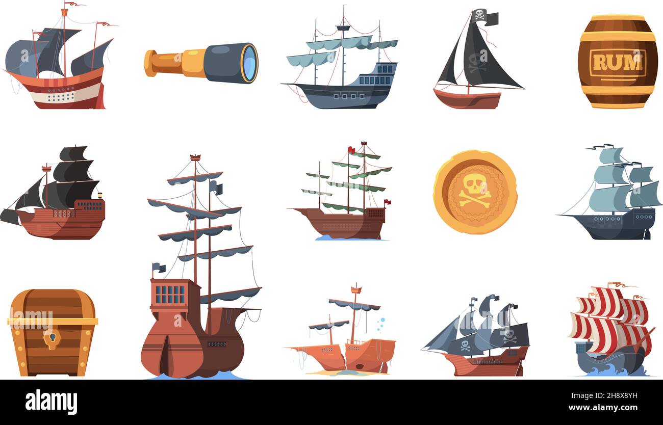 Pirate symbols. Old ships of looters and invaders parrot spyglass hook prey garish vector boats of pirates Stock Vector
