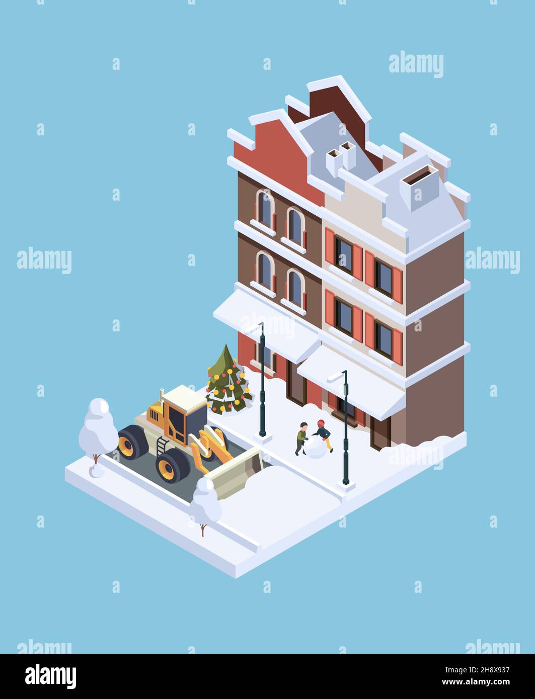 Snow cleaning. Storm winter cold weather vehicle urban ice cleaner garish vector isometric concept illustration 3d low poly Stock Vector