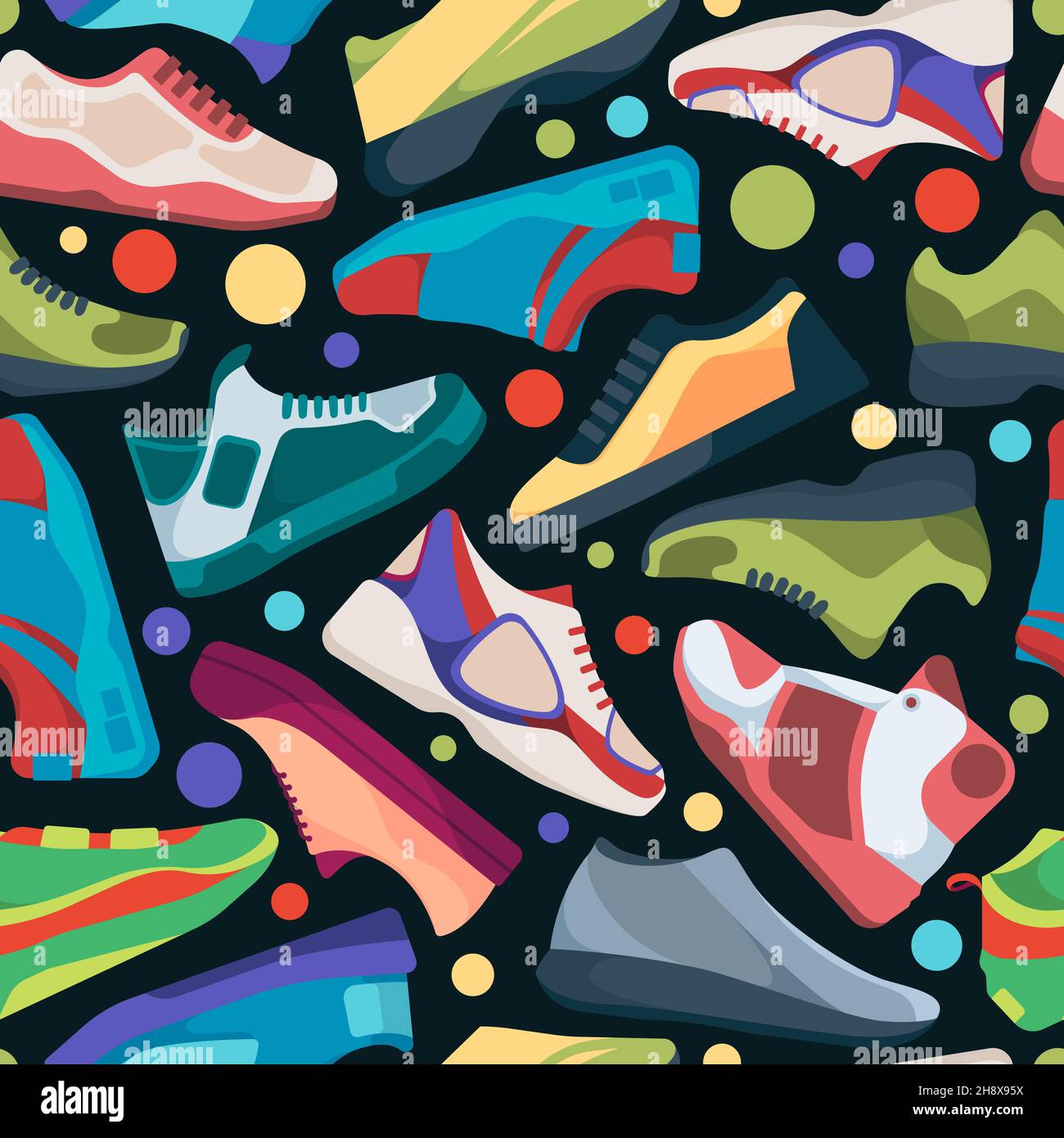 Sneakers pattern. Textile design with athletic streetwear sneakers for sport runners garish vector seamless background Stock Vector