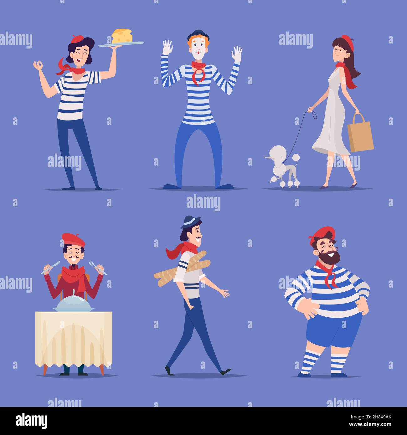 French characters. Authentic national france people paris festival symbols happy smile male and female persons exact vector flat cartoon illustrations Stock Vector