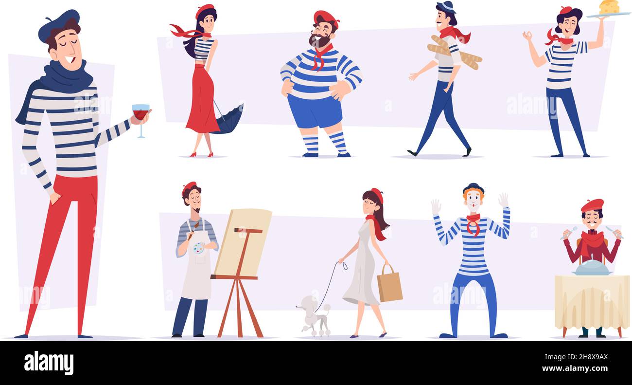 French people. Funny smile characters in various poses national authentic france person exact vector illustrations isolated Stock Vector