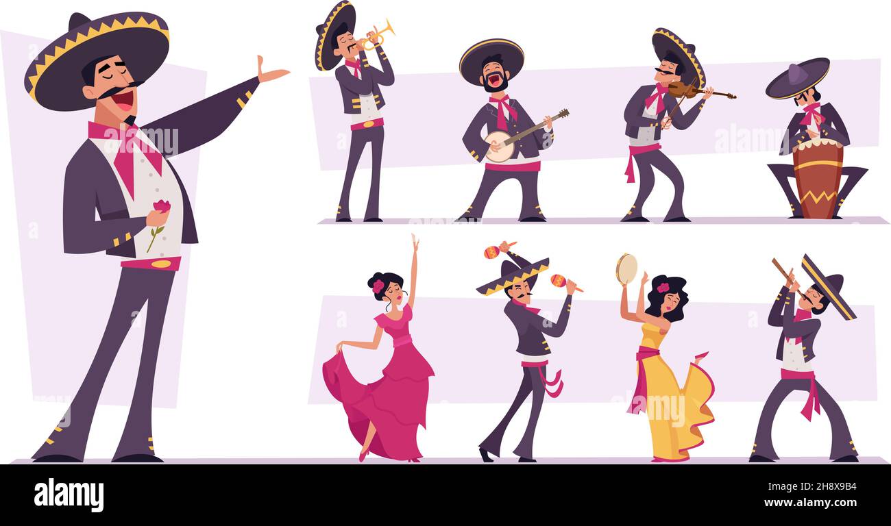 Mexican people. Authentic nacional clothes for mexican characters traditional happy persons musicians in sombrero exact vector illustrations isolated Stock Vector