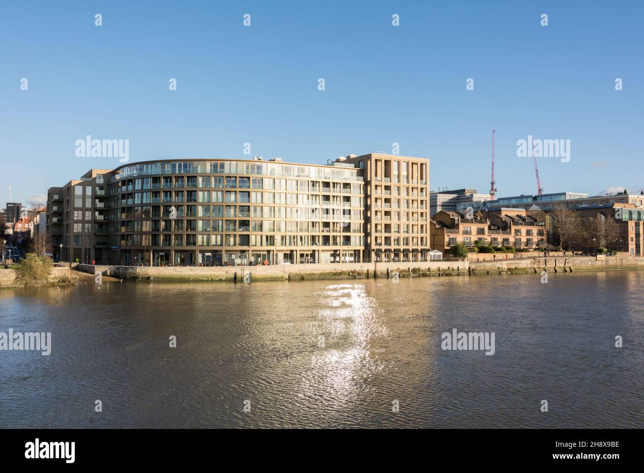 The River Thames facing exterior of Riverside Studios, Queen Caroline Street, Hammersmith, London, W6, England, U.K. Stock Photo