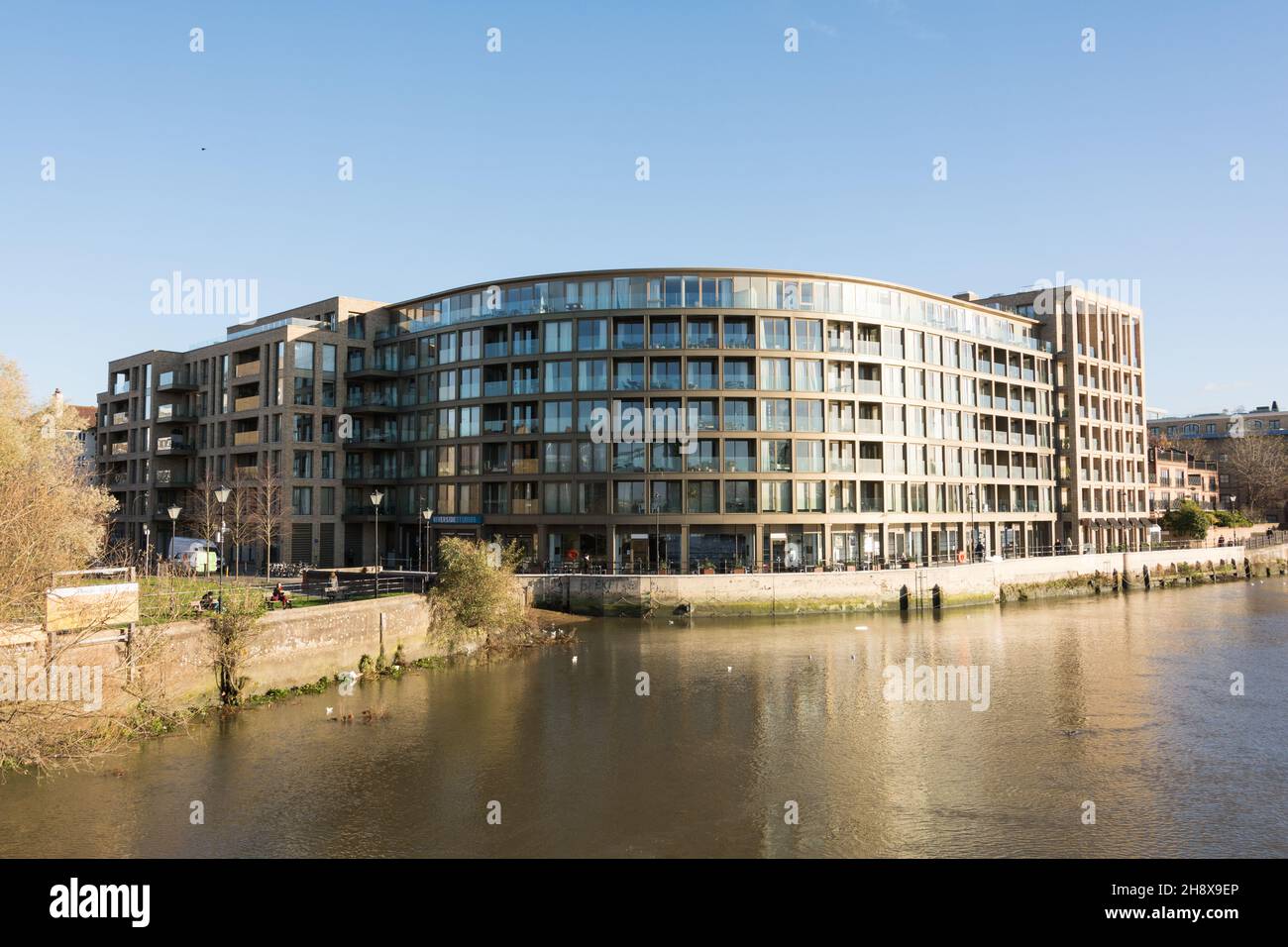 The River Thames facing exterior of Riverside Studios, Queen Caroline Street, Hammersmith, London, W6, England, U.K. Stock Photo