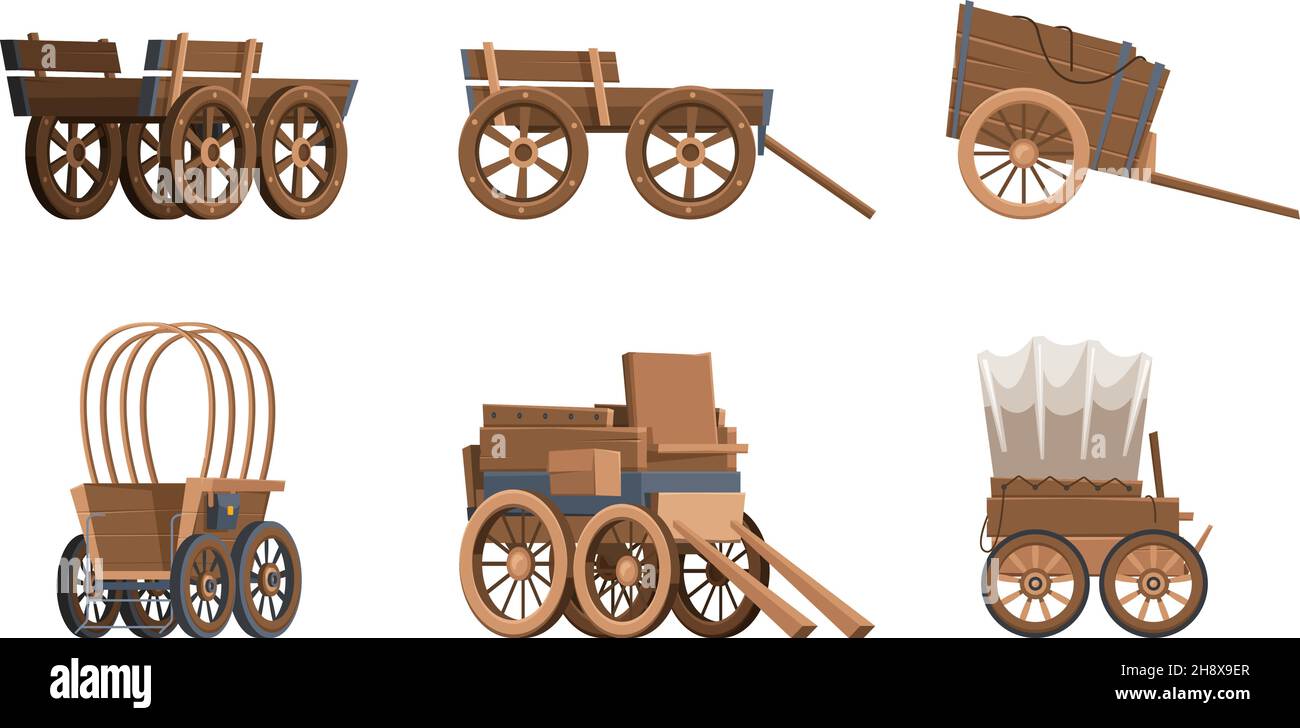 Wooden wagon. Vintage carriage western wild west vehicles old farm cart with big wheel garish vector illustrations in flat style Stock Vector
