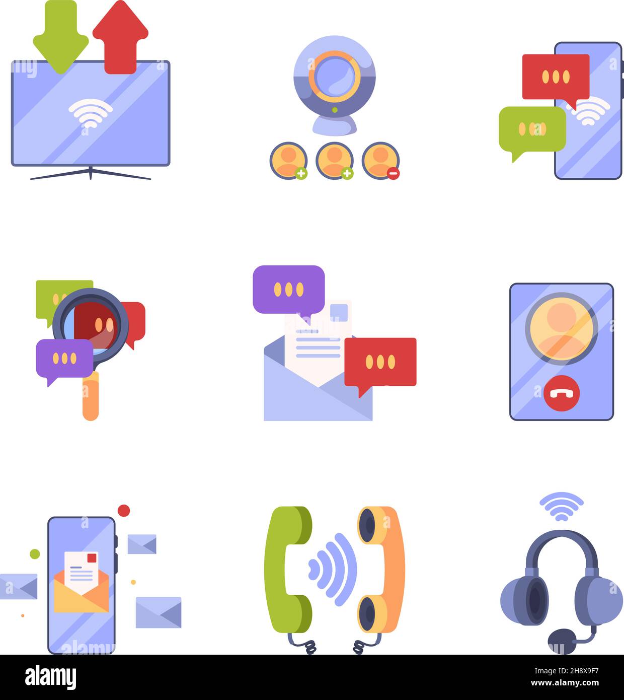 Online communication. Ads icon set concept pictures of internet dialogue web conversation and banking symbols for app developed garish vector design Stock Vector