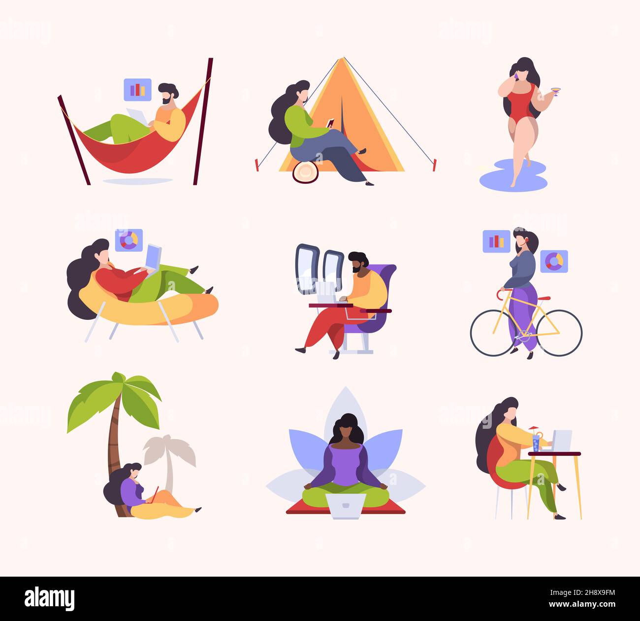 Simple lifestyle characters. Expensive family downshifting relax time freelancers working garish vector flat illustrations metaphores collection Stock Vector