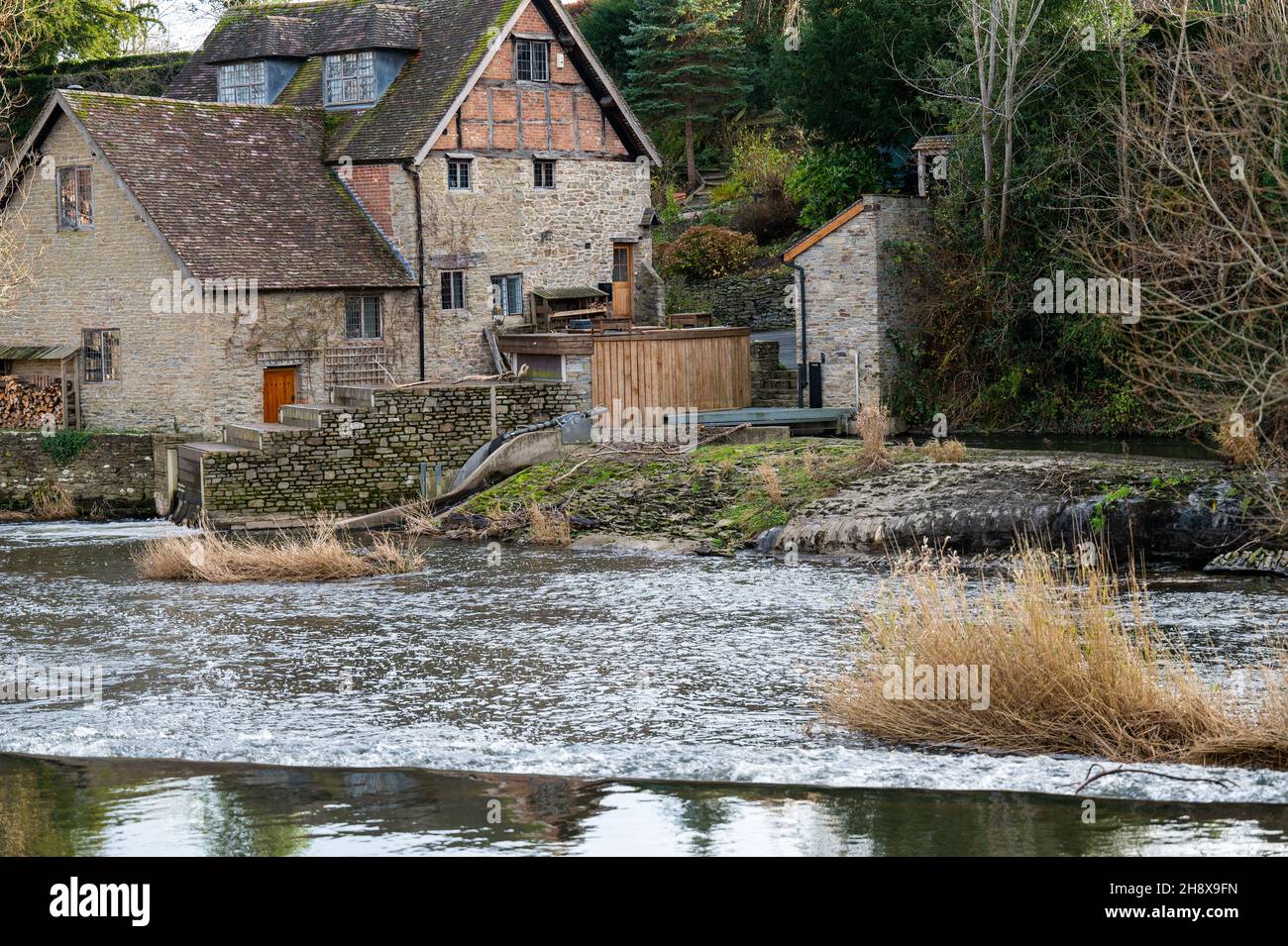 Ludlow Hydro power scheme at Ludford Mill on the River Tame close to the horseshoe weir. Stock Photo