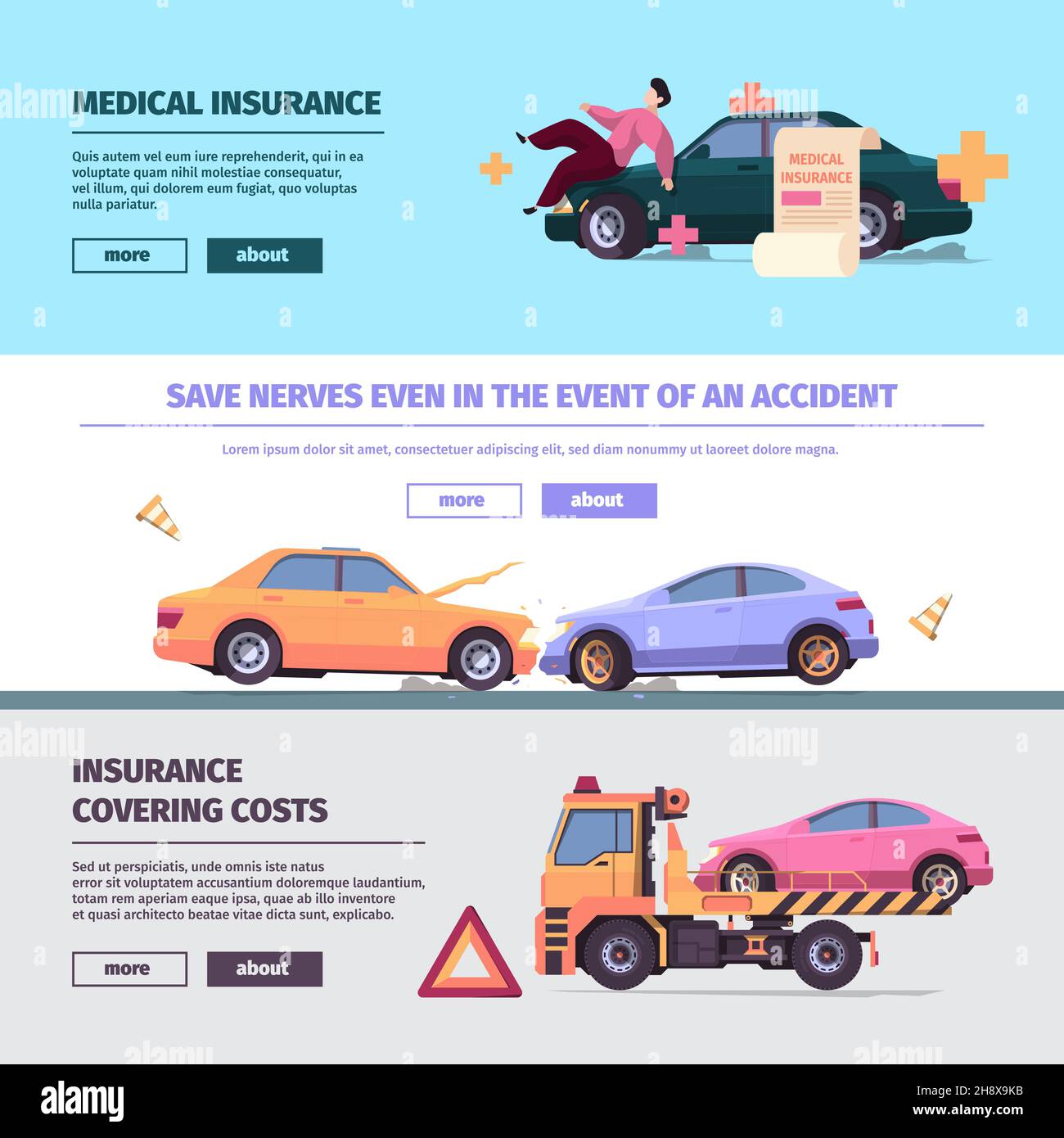 Insurance cars banners. Accident on road with damaged vehicles traffic car elements garish vector templates with place for text Stock Vector