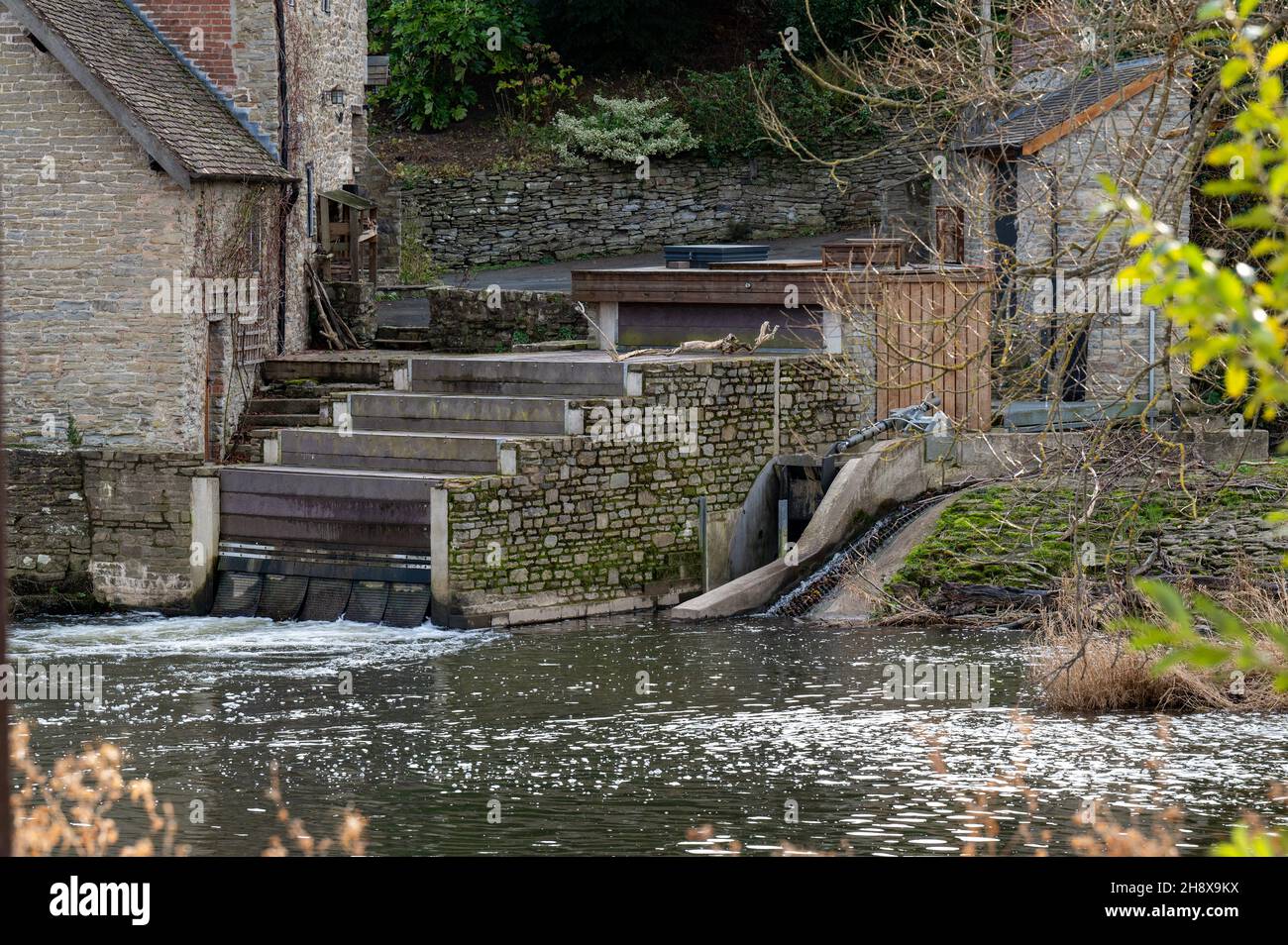 Ludlow Hydro power scheme at Ludford Mill on the River Tame close to the horseshoe weir. Stock Photo