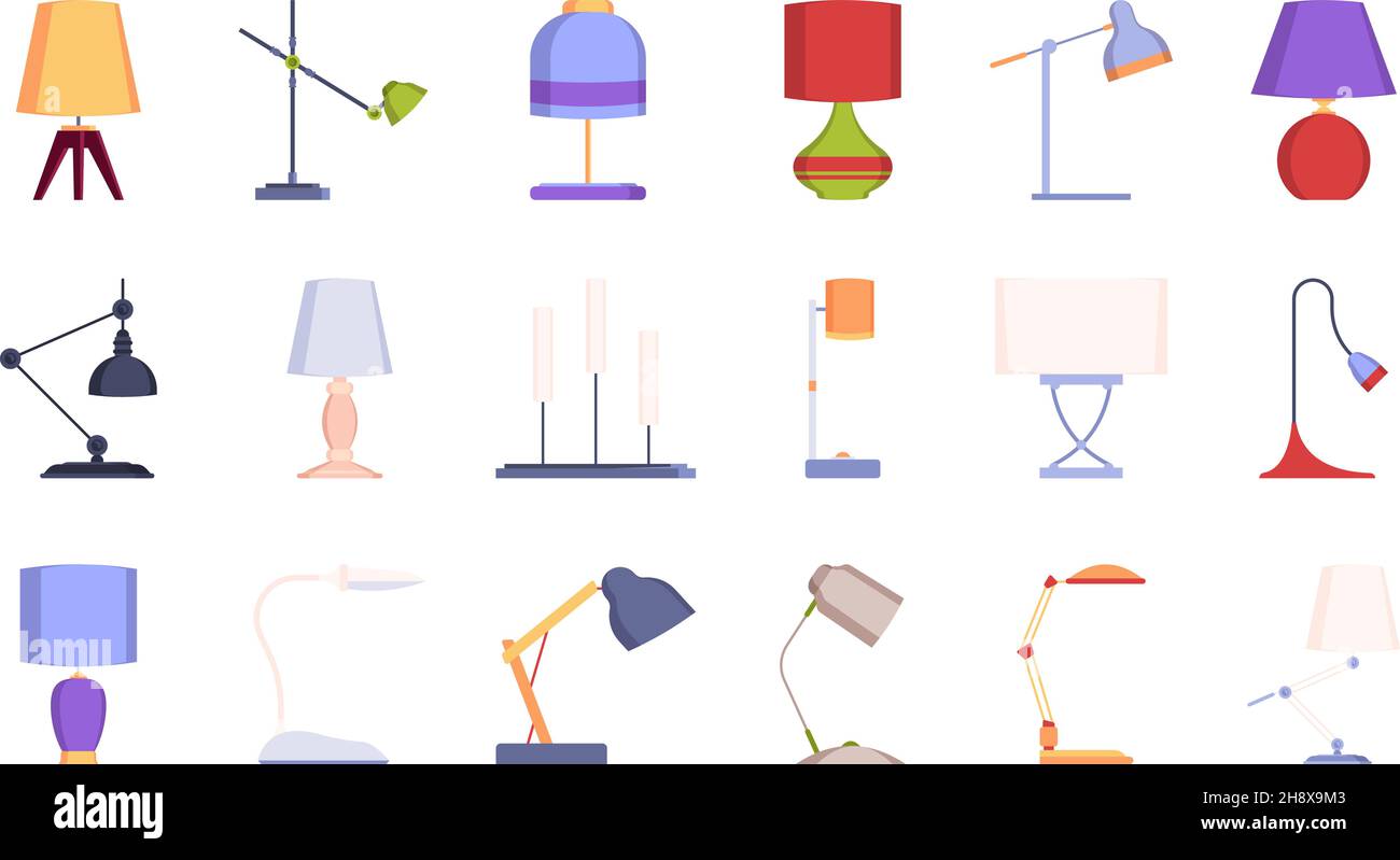 Decorative lamp. Interior modern objects desk lamp lighting symbols garish vector flat pictures