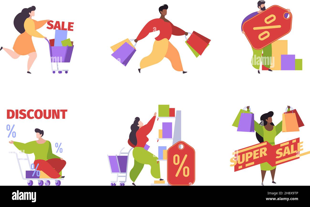 Customers in market. Shopping people with bags and packages mall persons e commerce garish vector customers flat illustrations Stock Vector