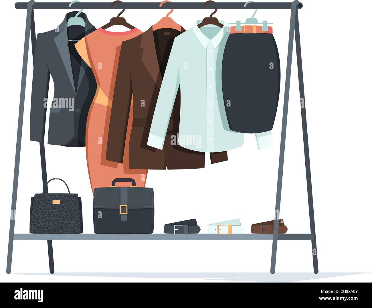 Clothes on hangers. Business textile things for male and female persons dresses shirts pants suits hangs in wardrobe garish vector flat collection Stock Vector