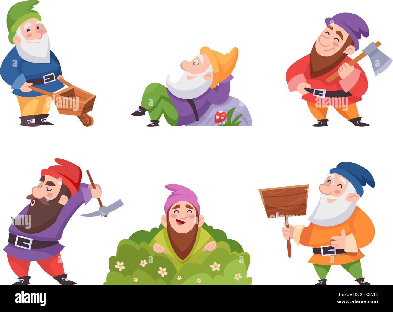 Garden gnome. Street decoration fairytale dwarf in various poses exact vector fantasy characters Stock Vector
