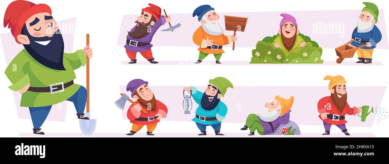 Magical dwarf. Fairytale garden gnomes game characters exact vector fantasy persons in cartoon style Stock Vector