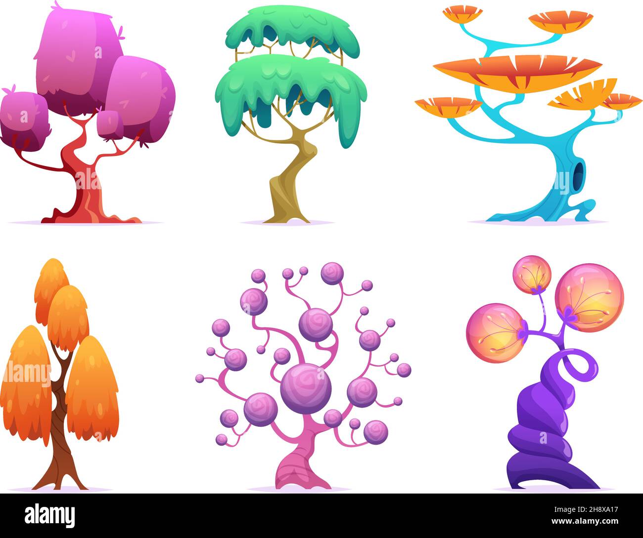 Fantasy tree. Fairytale garden plants glowing forest nature magic symbols exact vector cartoon collection isolated Stock Vector