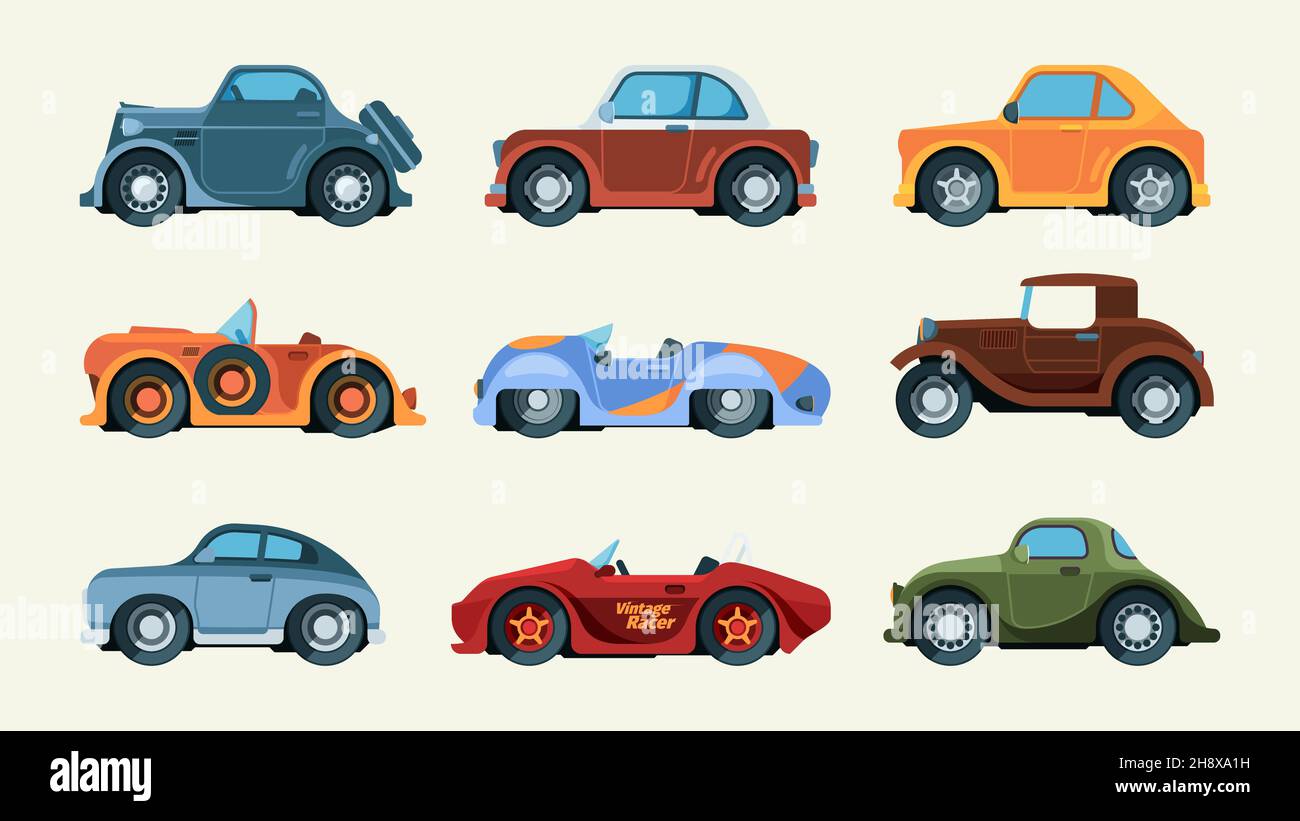 Retro automobiles. Urban racing transportation vintage style vehicles garish vector colored pictures isolated on white Stock Vector