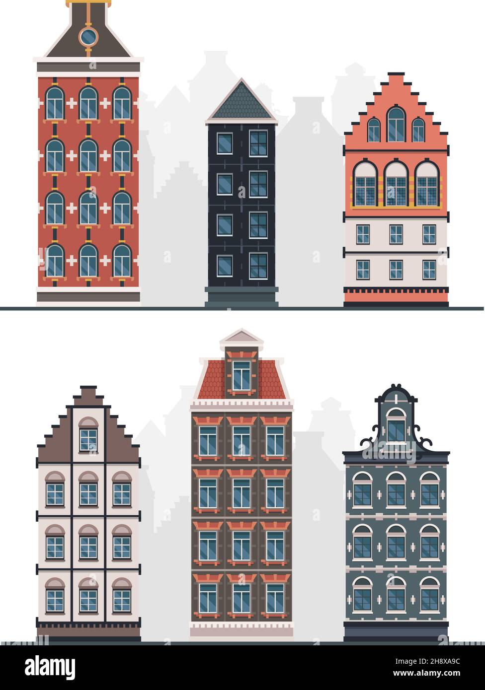 Old buildings. Antique european constructions vintage urban facades in flat style garish vector exterior designs Stock Vector