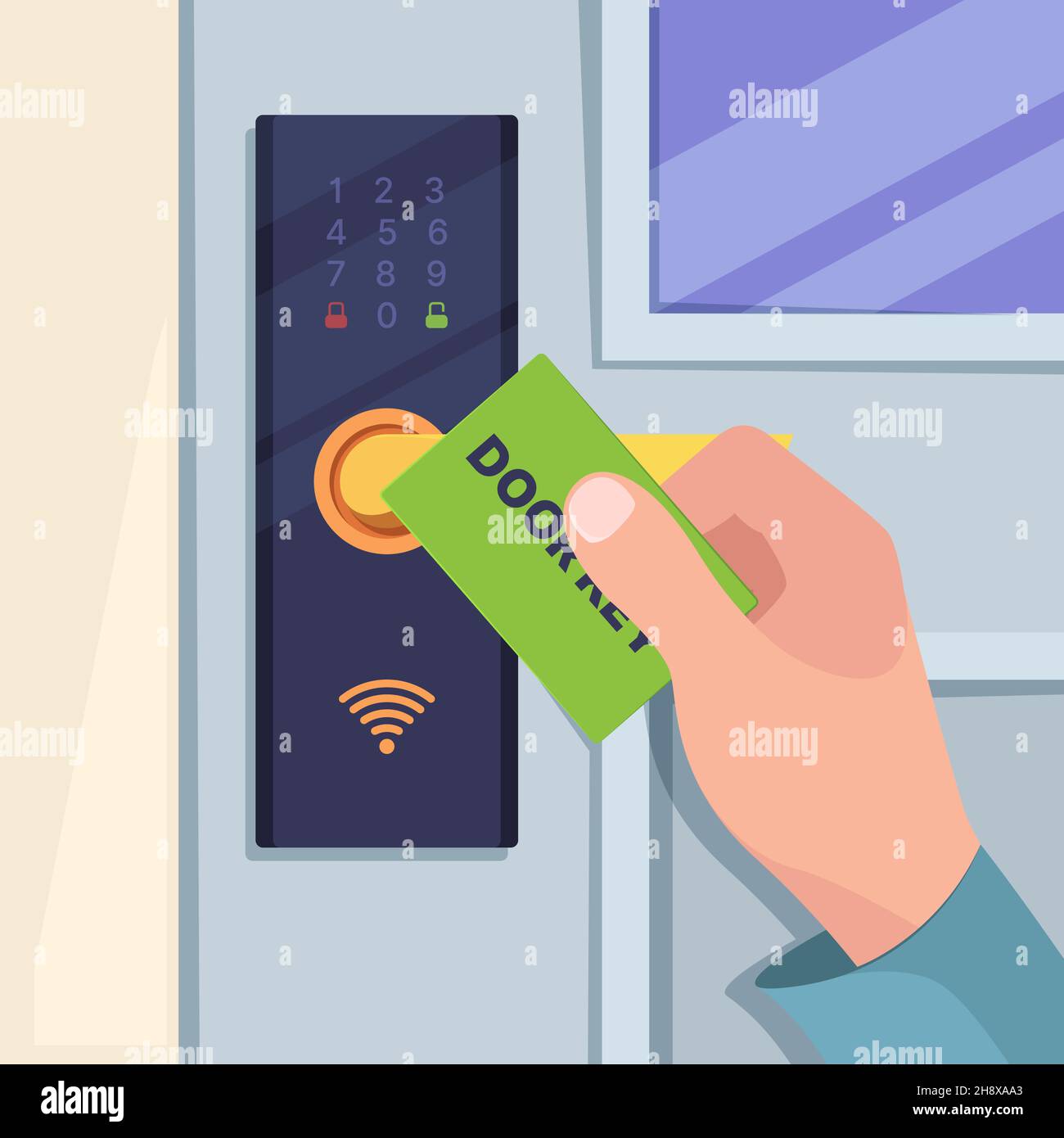Digital card for handle door. Hand holding wireless card for smart electronic lock with sensor reader in hotel room key machine control system garish Stock Vector