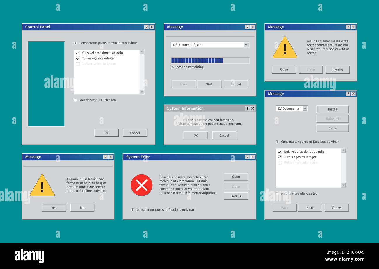 Old web ui. Retro windows user interface alert boxes pop up tabs explorer window garish vector templates collection Stock Vector