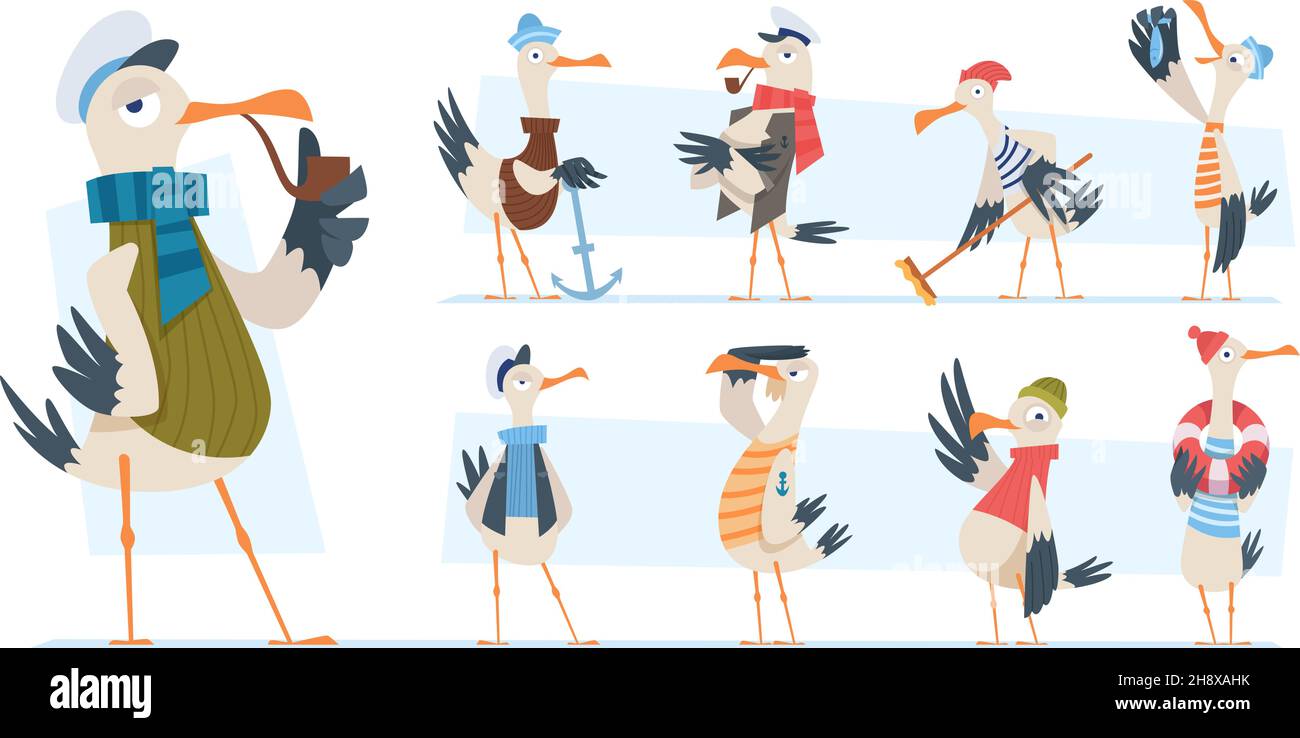 Seagull. Bird sailor or captain in ocean seaside exact vector funny mascot in cartoon style Stock Vector