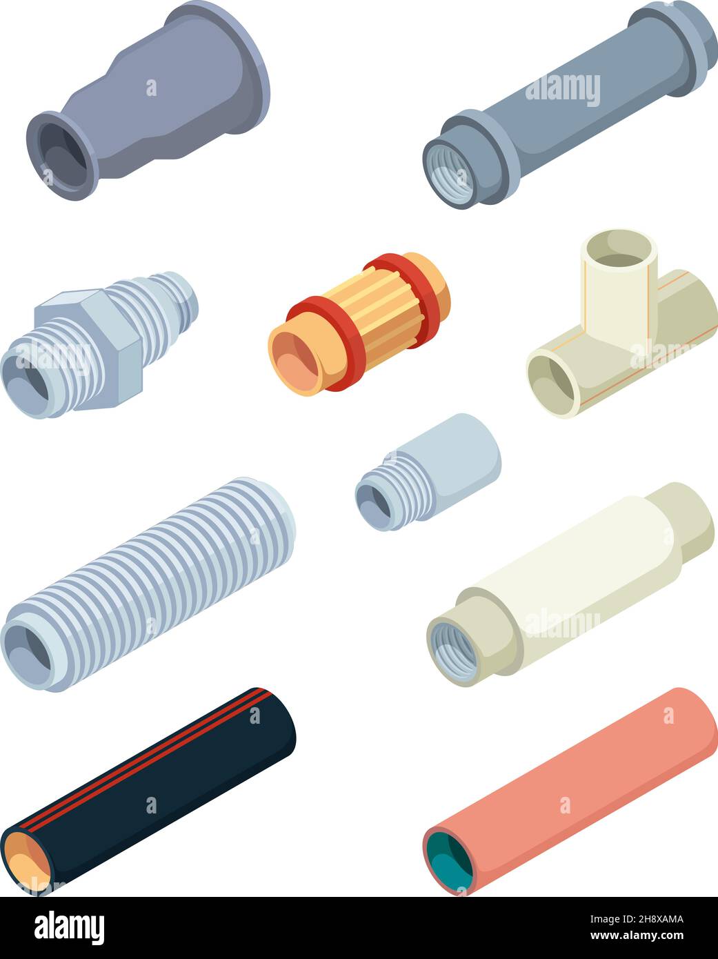 Pipes isometric. Industrial pictures of pvc plastic pipes repairing