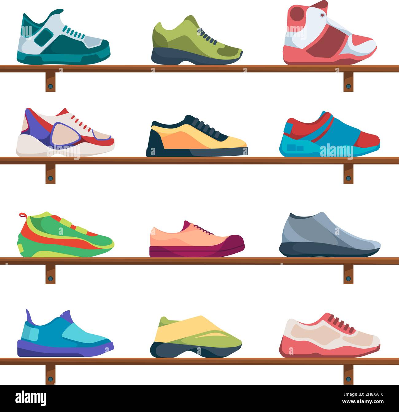 Sneakers collection. Sport footwear athletic fashioned colored shoes garish vector casual running sneakers for men and women Stock Vector