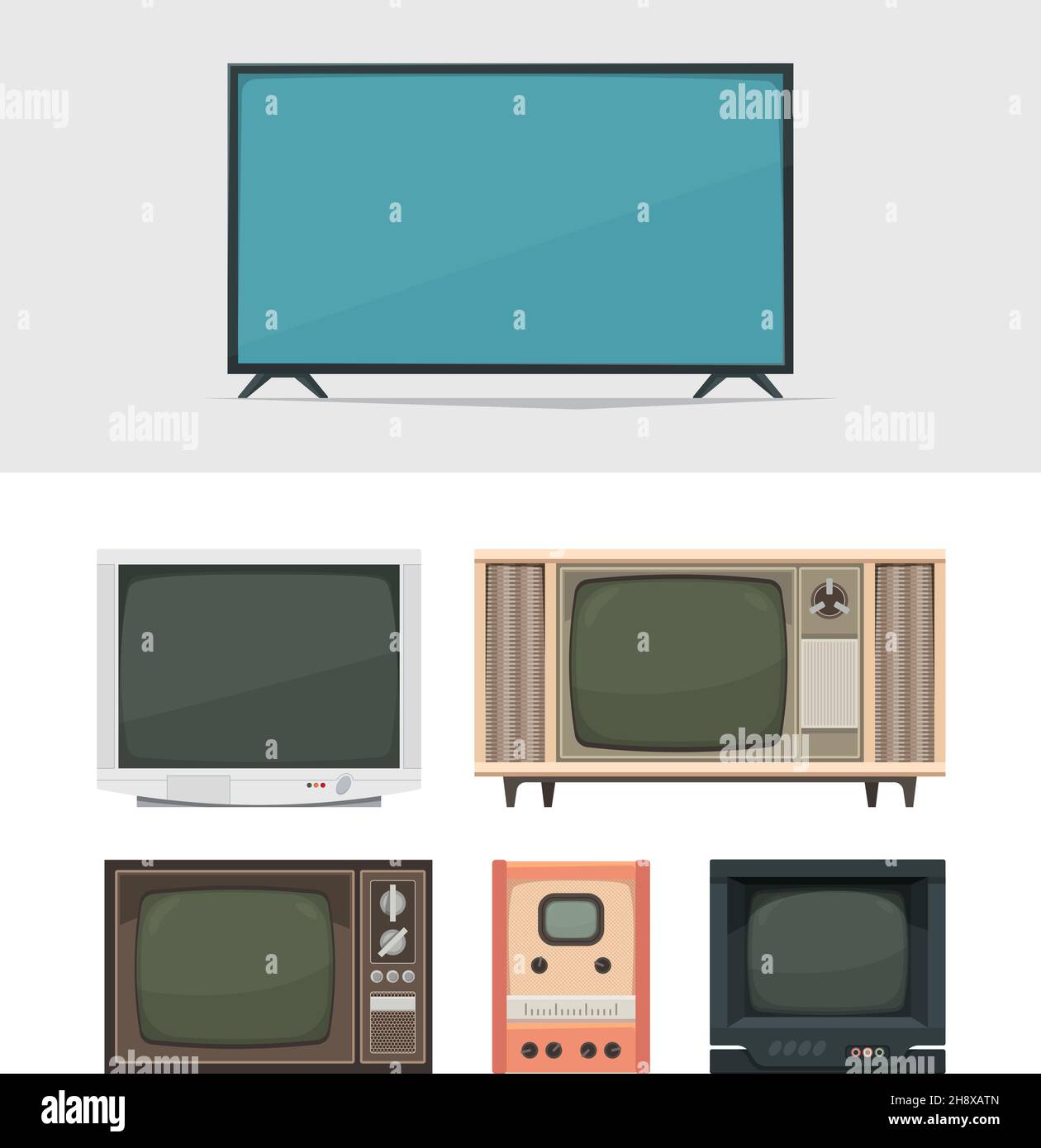 Tv set. Retro and modern digital tv for news movies and broadcasts old filming gadgets garish vector illustrations collection Stock Vector