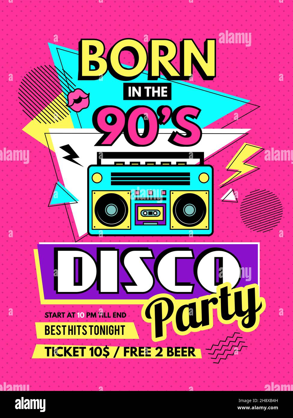 Retro poster. 80s style placard party invitation 90s music elements radio boombox recent vector template for design projects Stock Vector