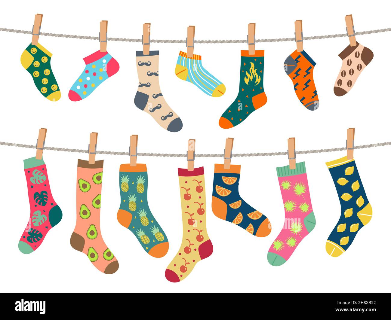 Socks on rope. Warm clothes with funny patterns comfortable socks laundry service recent vector concept picture Stock Vector
