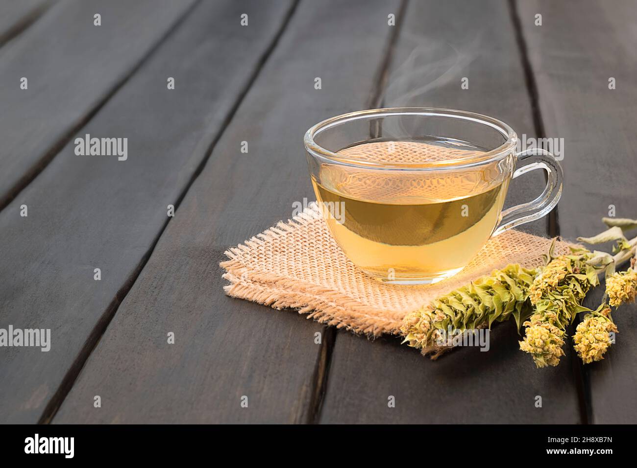 Cup of healthy herbal Mursalski Tea on wooden background with space for text Stock Photo