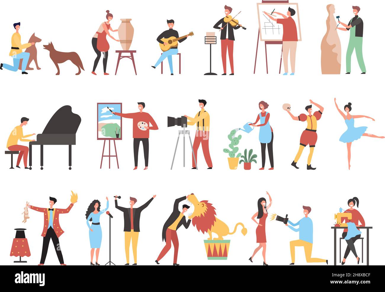 Creative occupation. Art work hobbies freelance artistic characters decorator painters artists photographers recent vector stylized persons working Stock Vector