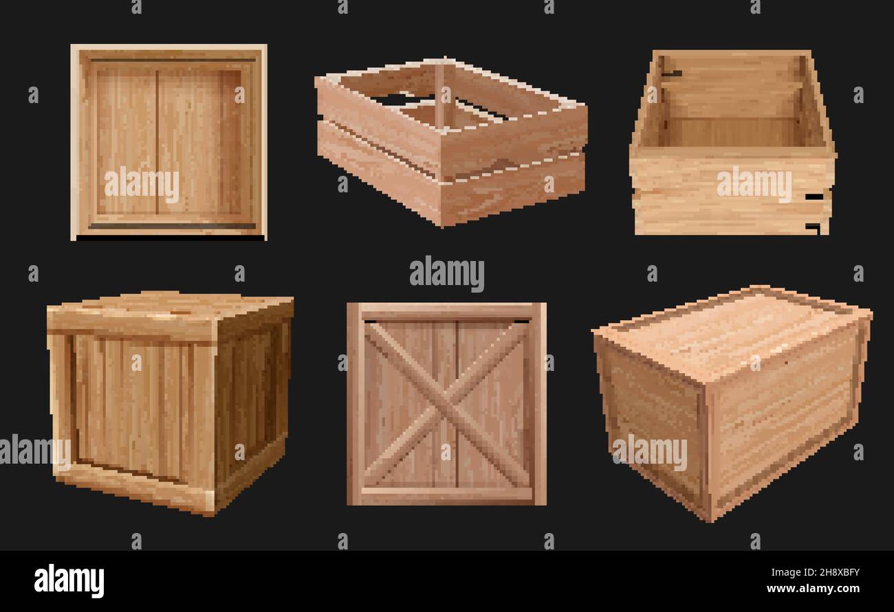 Wooden containers. 3d boxes for fragile products empty packages various views cargo shipping wooden containers decent vector realistic pictures Stock Vector