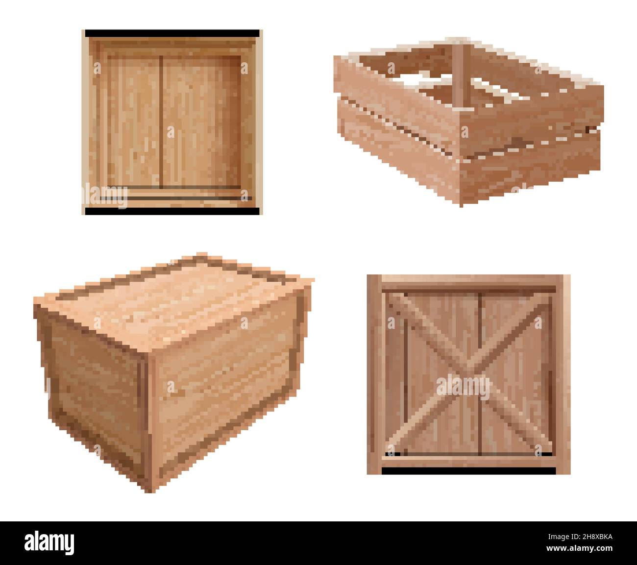 Wooden boxes. Freight containers open and closed for fragile gifts packages with wooden textures decent vector realistic illustrations Stock Vector