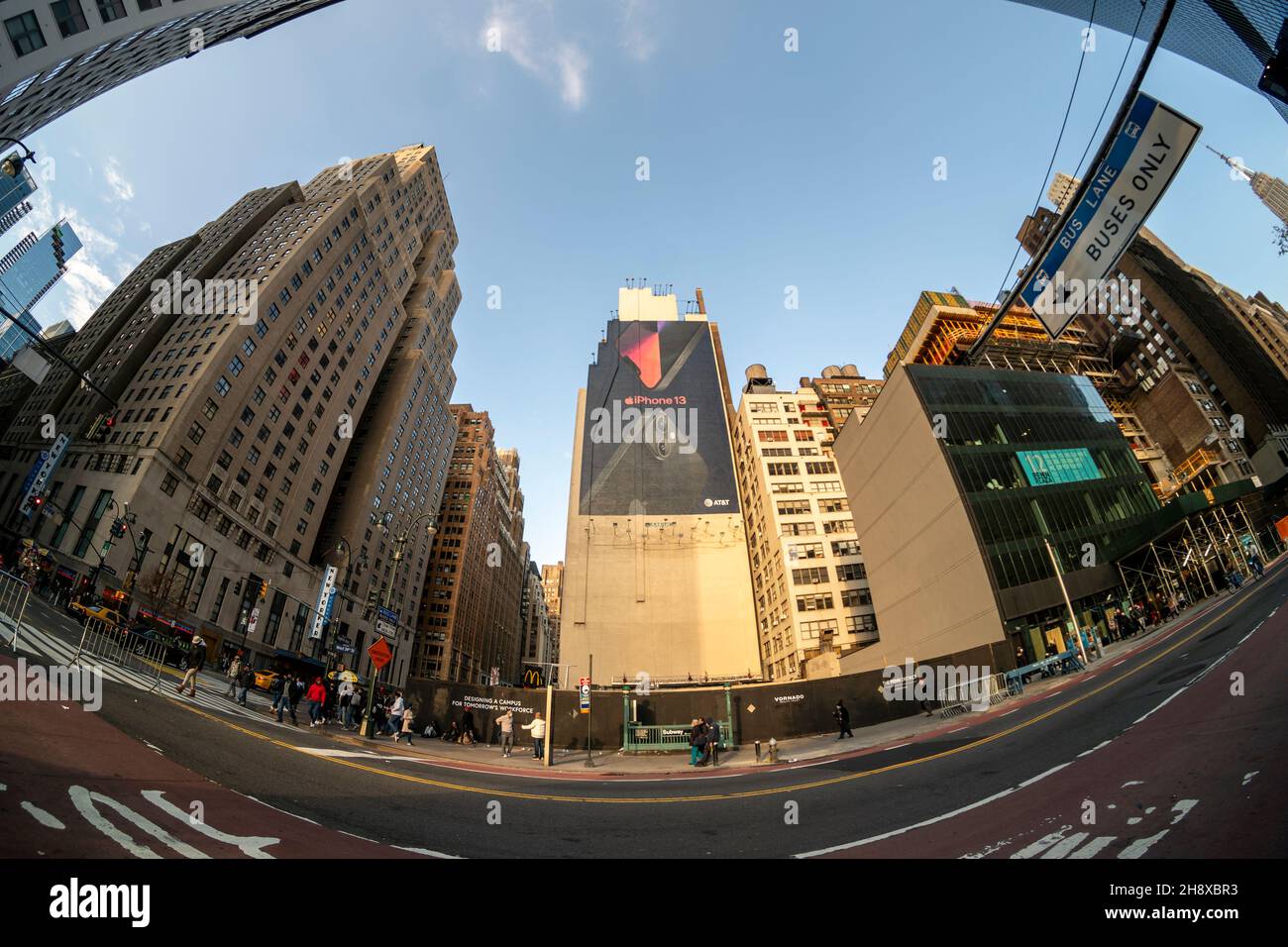 A billboard in Midtown Manhattan in New York on Thursday, November 25, 2021 advertising the iPhone 13.  (© Richard B. Levine) Stock Photo