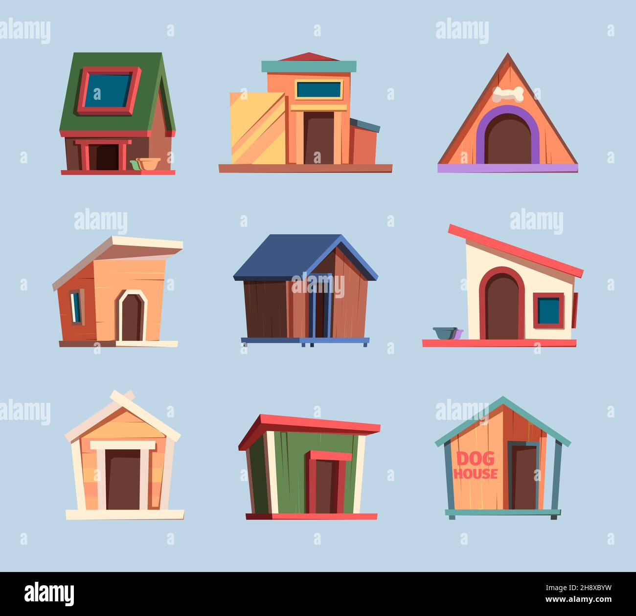 Wooden place for dogs. Domestic puppy house living box for relaxing pets garish vector colorful cartoon pictures isolated Stock Vector