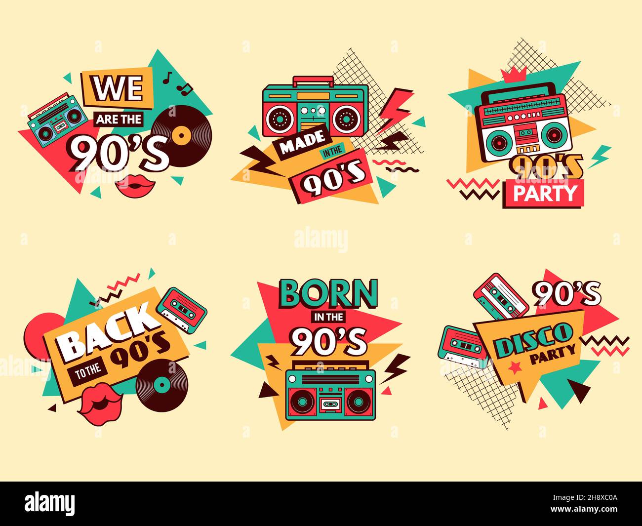 Retro 90s labels. Colored badges vintage old school style fashion elements musical boombox for pop music 80s abstract geometrical design forms recent Stock Vector