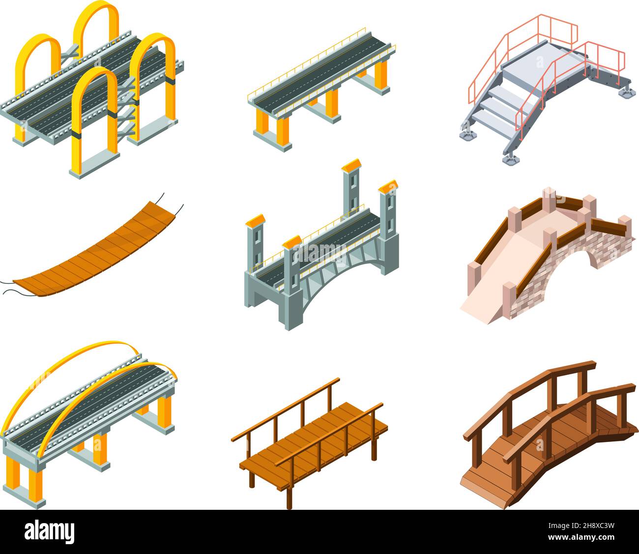 Isometric bridges. Urban architectural objects highway for automobiles and railway across water park bridges garish vector illustrations set Stock Vector